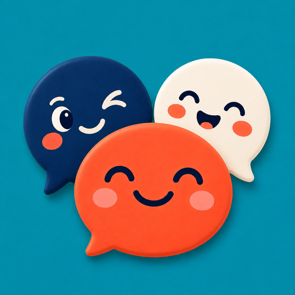 Three smiling speech bubbles in coral, cream and navy against a bright teal background.